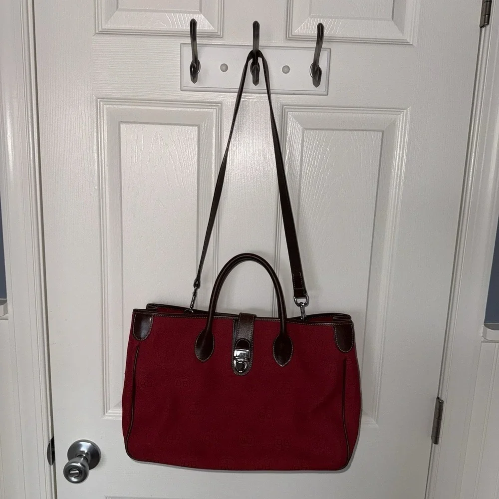 DOONEY & BOURKE Red Canvas & Brown Leather DB Signature Tote Satchel Bag Purse